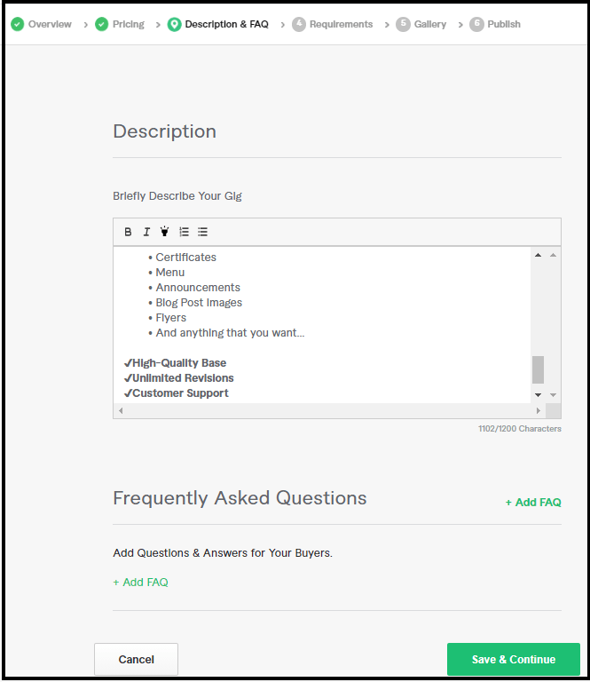 Fiverr Gig Description and FAQ