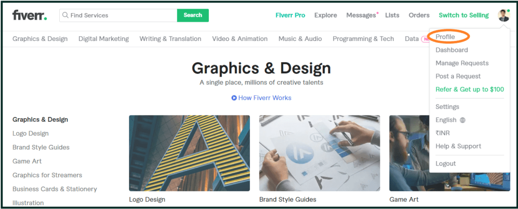 Fiverr profile option. By clicking on this option to go on the seller profile page. Here to see all the gigs and also have option to create new gig in attractive way.