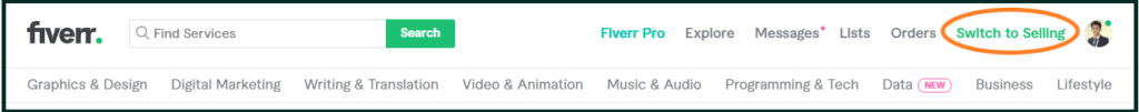 Fiverr 'Switch to Selling' Option. This image define where to click to go for selling profile on Fiverr. To find how to create new gigs on Fiverr.