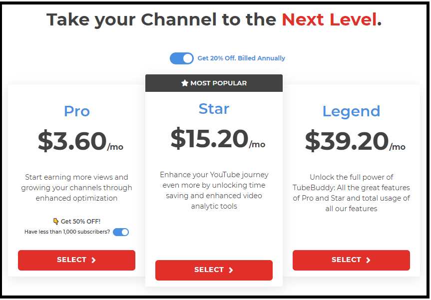 tubebuddy minimum pricing pro, star and legend