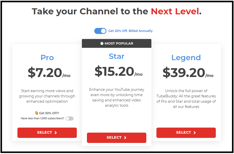 tubebuddy pricing pro, star and legend