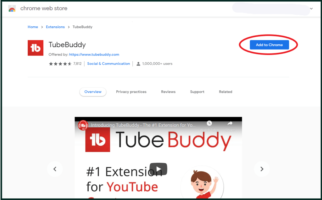 TubeBuddy extension add to chrome page.